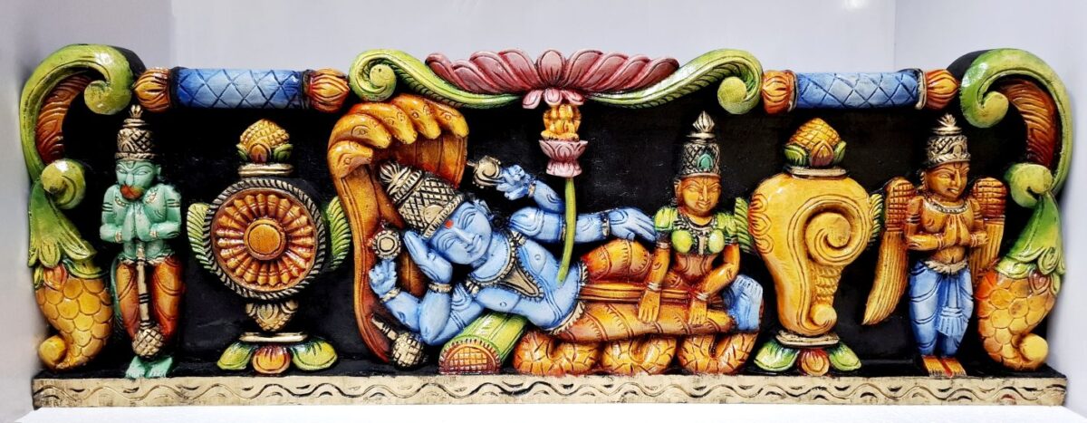 Hand-carved 36-inch multicolor wooden Vishnu Lakshmi wall panel, South Indian Ranganatha temple-style artwork for home, pooja room, and traditional décor.