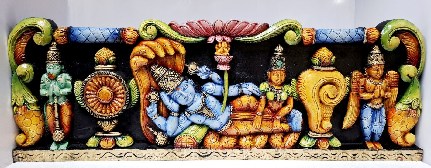 Hand-carved 36-inch multicolor wooden Vishnu Lakshmi wall panel, South Indian Ranganatha temple-style artwork for home, pooja room, and traditional décor.