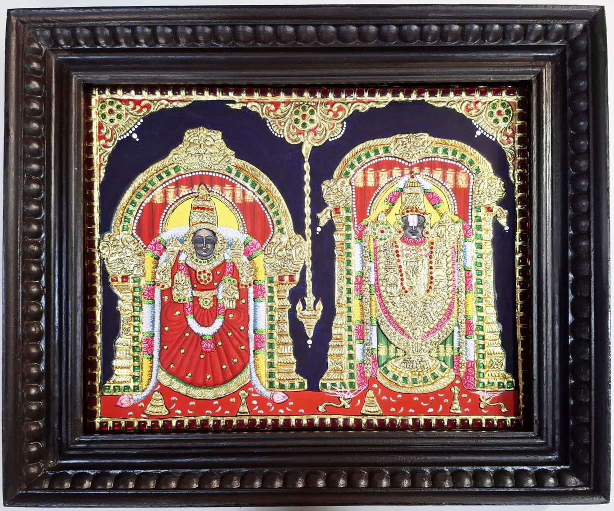 Hand-painted Balaji Padmavathi Tanjore Painting with 22C gold foil in teakwood frame, 18x15 inches.