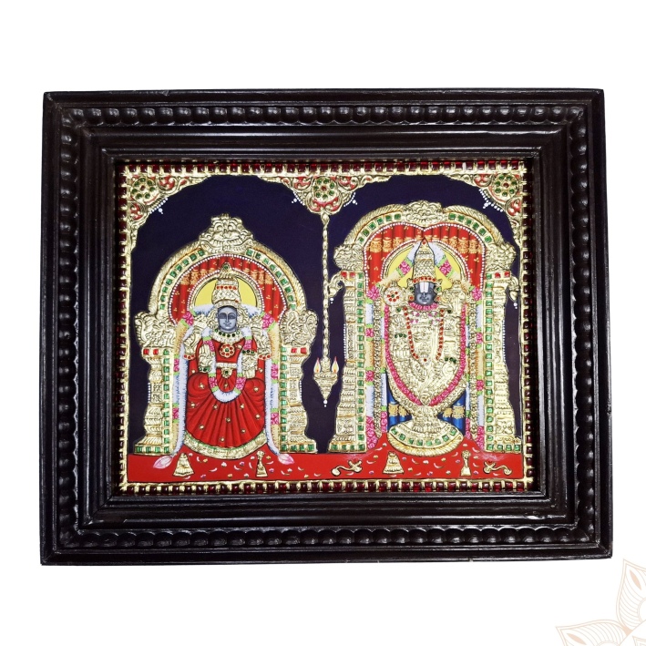 Hand-painted Balaji Padmavathi Tanjore Painting with 22C gold foil in teakwood frame, 18x15 inches.