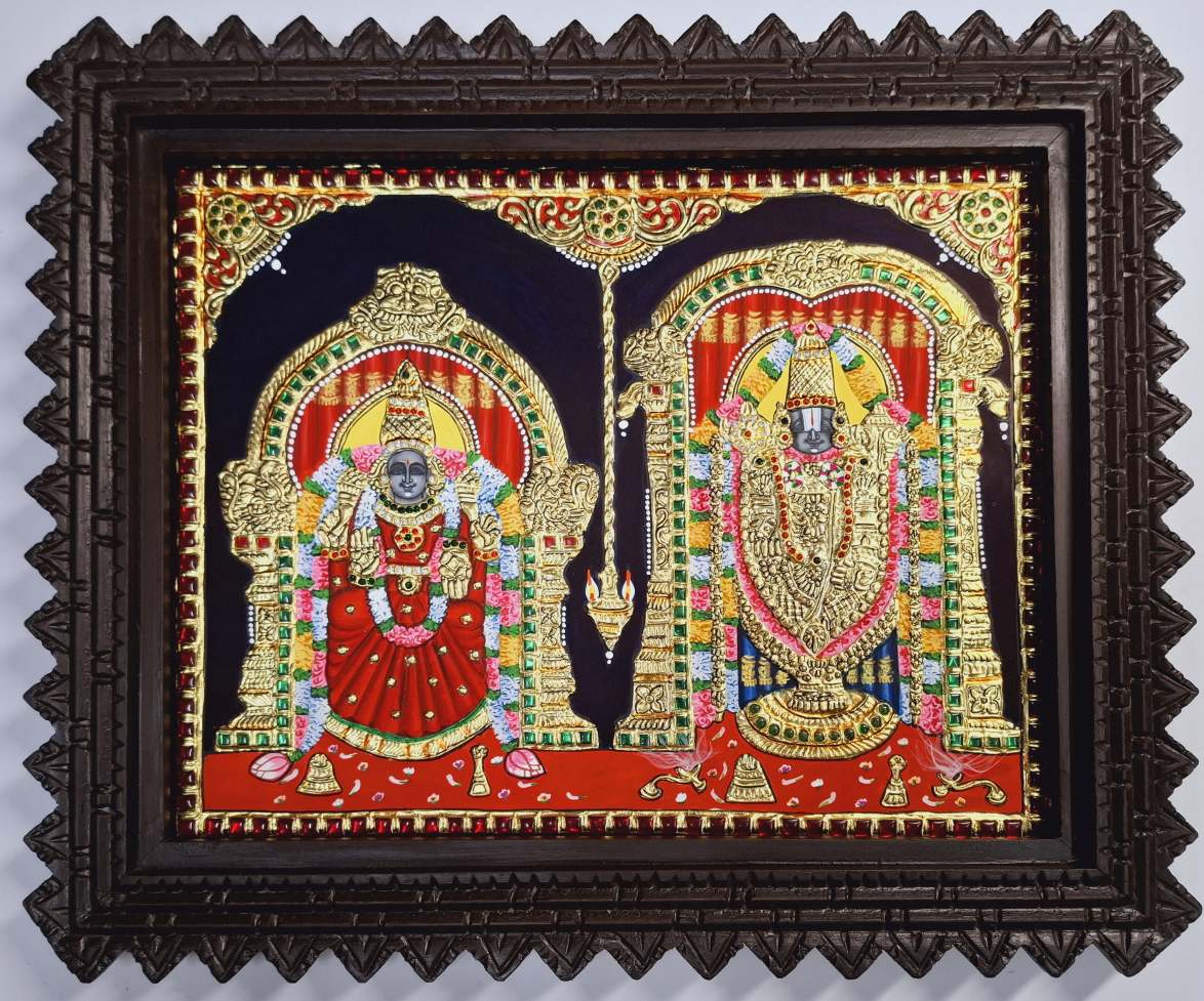 Balaji and Padmavathi Thaayar Tanjore Painting – 15x18 Inch Gold Foil Framed Hindu Artwork for Pooja Room Wall Décor