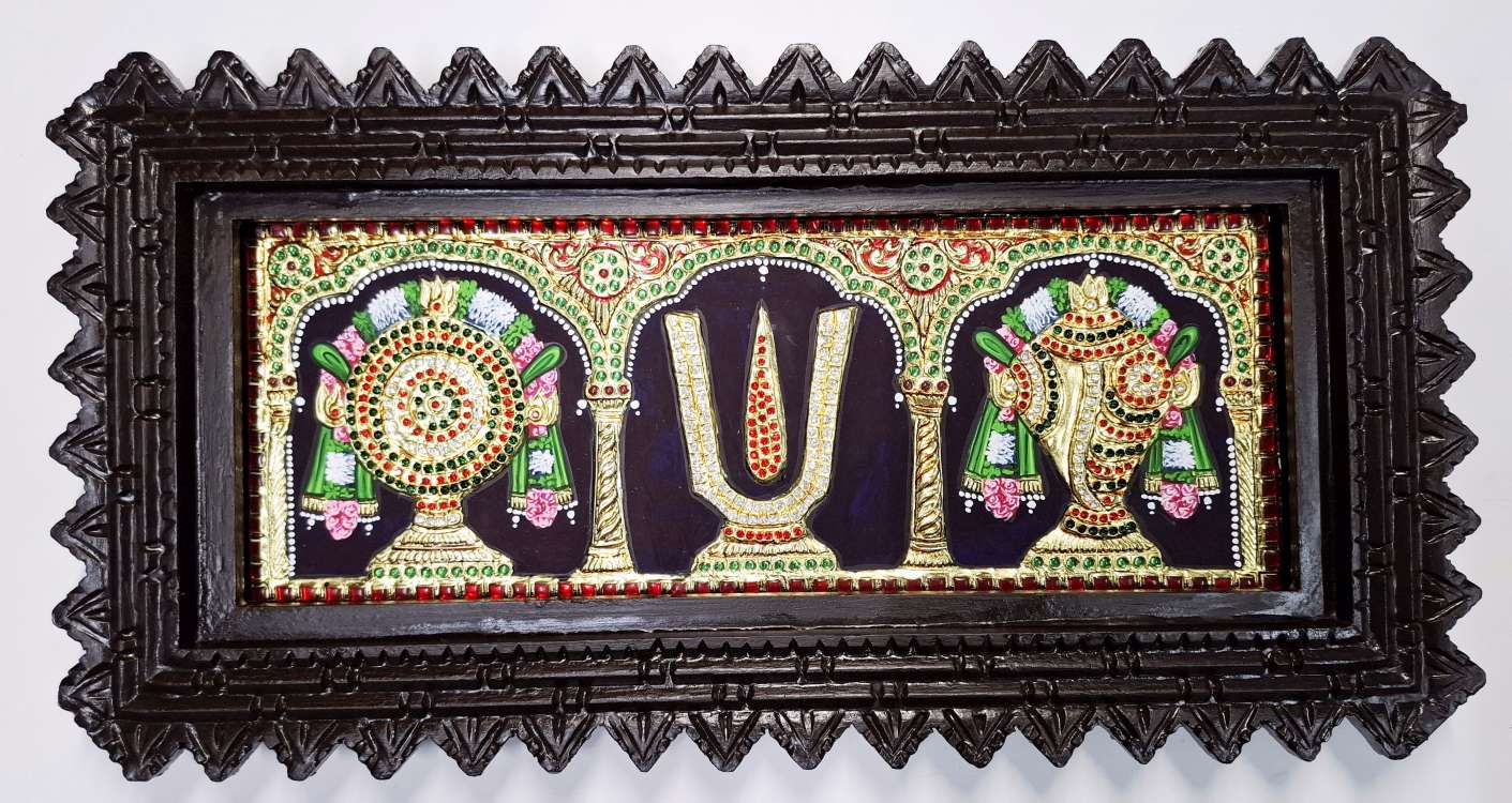 Sanku Chakram Namam Tanjore painting with 22K gold foil and teakwood frame