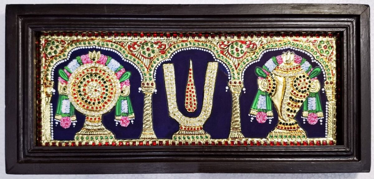 22K Gold Shanku Chakra Namam Tanjore Painting in premium teakwood frame, handmade South Indian traditional wall art, 42 cm x 20 cm, ready to ship.