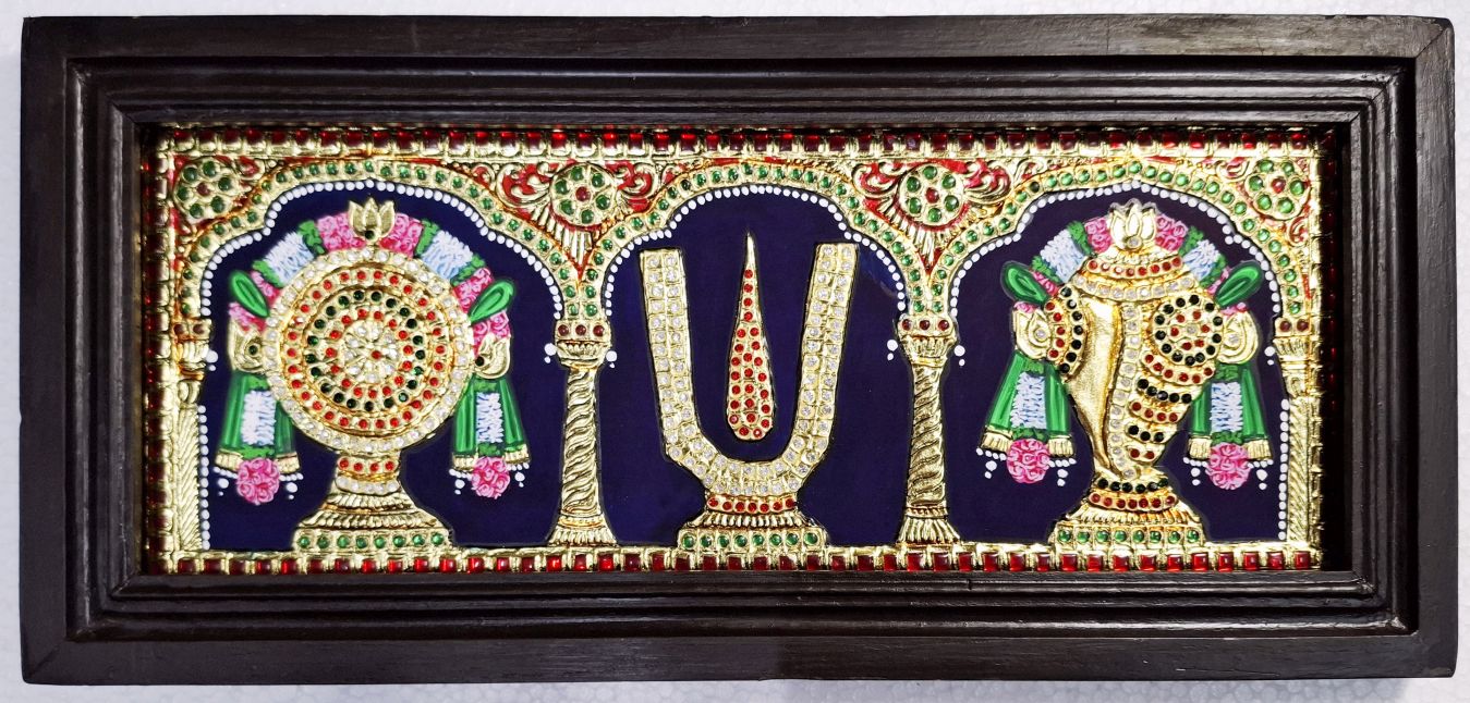 22K Gold Shanku Chakra Namam Tanjore Painting in premium teakwood frame, handmade South Indian traditional wall art, 42 cm x 20 cm, ready to ship.