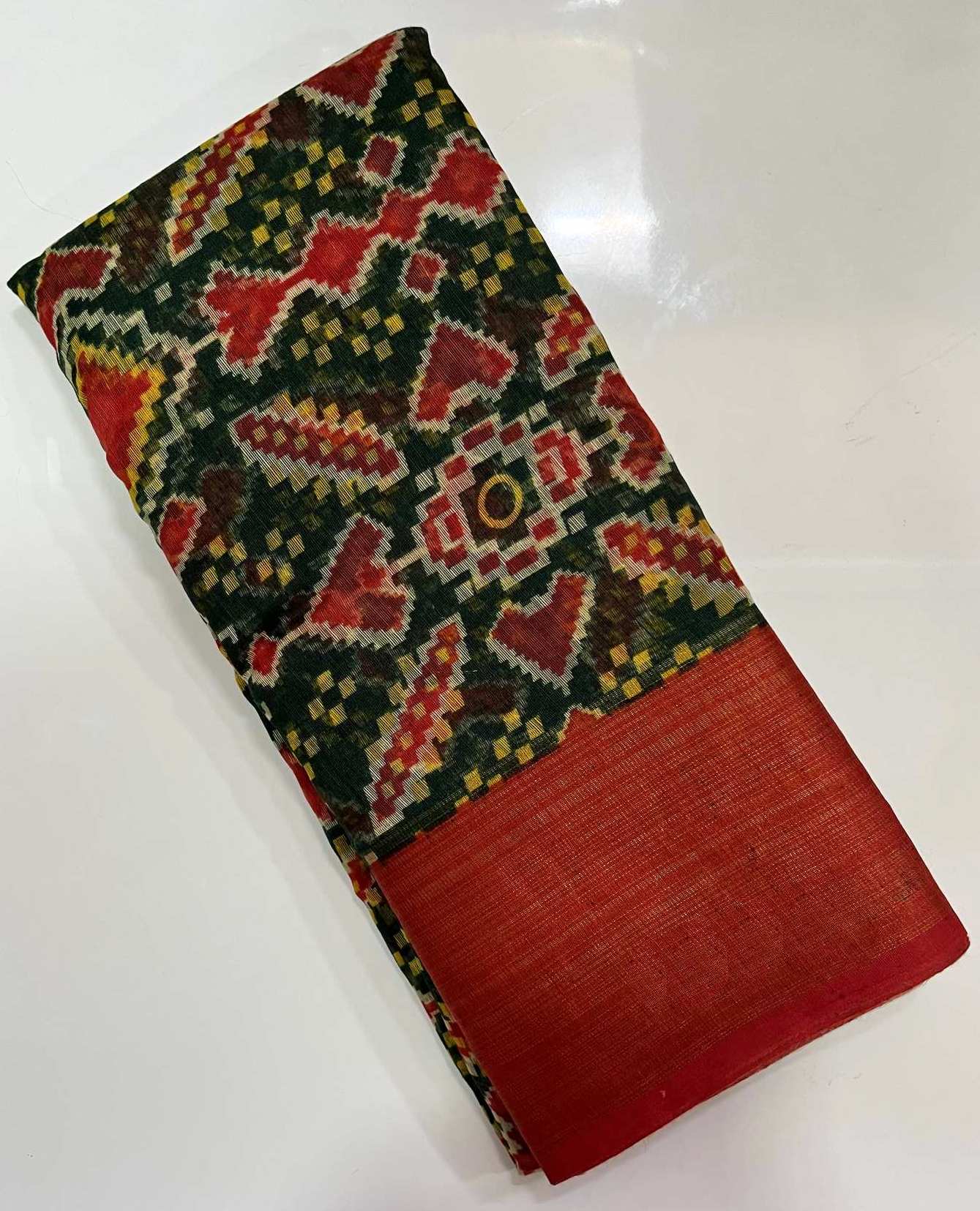 Cotton Saree Green with Red