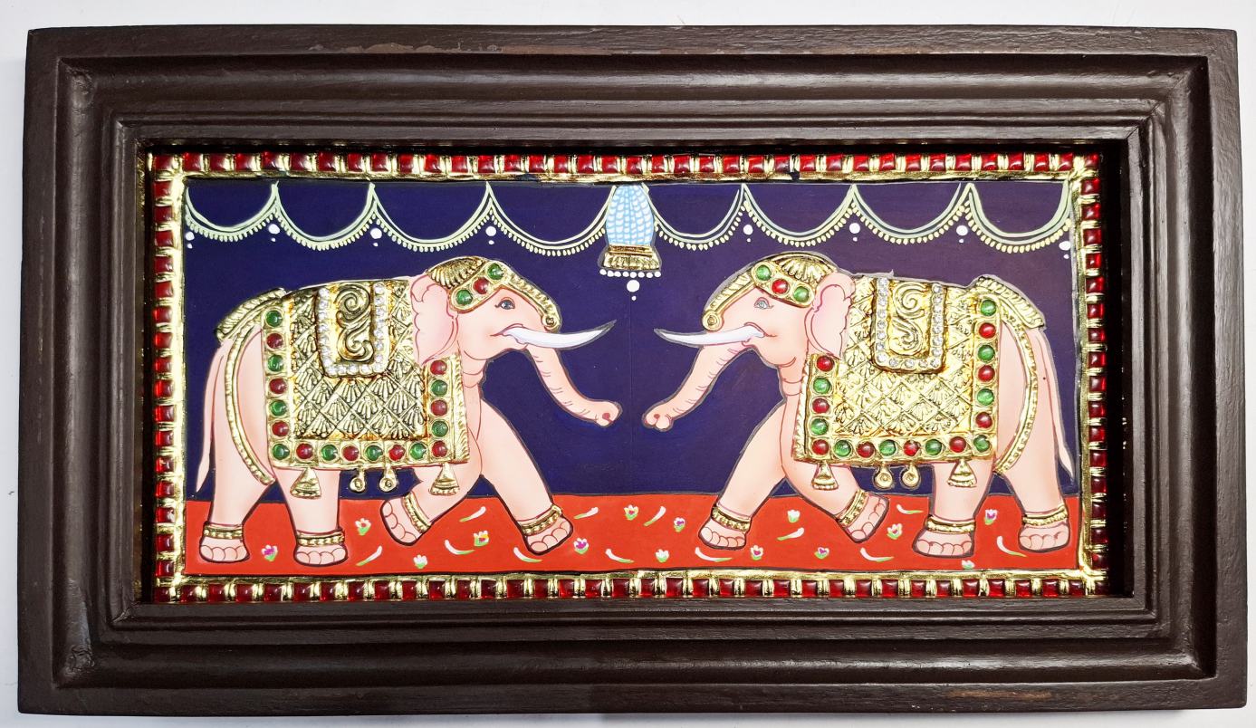 Elephant tanjore painting with 22k gold foil teakwood frame Indian wall art