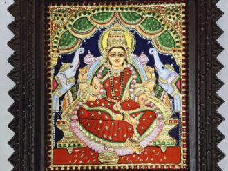 Handmade Gajalakshmi Tanjore painting with 22K gold foil, framed in teakwood, depicting the Hindu Goddess of Wealth; traditional Indian artwork for pooja room or gift decor, 15x13 inches.