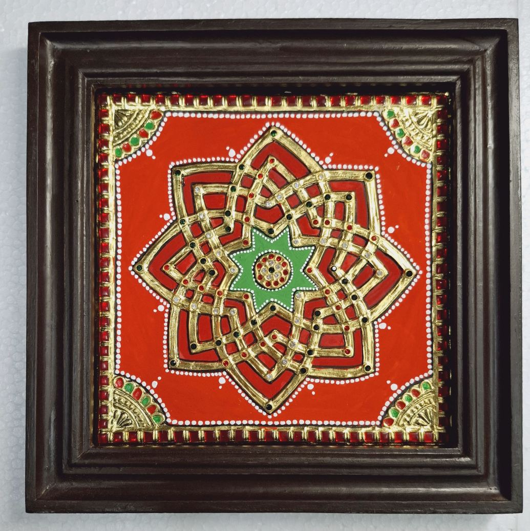 JLine Arts handmade Iswarya Kolam Tanjore painting (10x10 inch) with intricate 22K gold foil work and a traditional teakwood frame. Authentic Indian artwork, perfect as a housewarming or spiritual gift