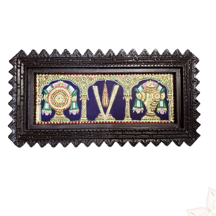 Shanku Chakra Namam Tanjore Painting with 22K gold foil and teakwood frame, traditional Hindu Vishnu wall art for pooja room.