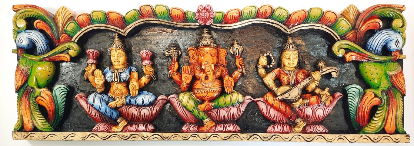 Wooden Ganesha Lakshmi Saraswathi Wall Panel