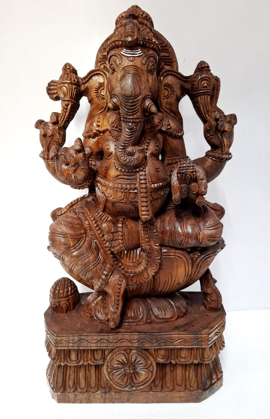 Handcrafted Wooden Ganesh Statue 24 Inch | Antique Finish Solid Wood Ganesha Idol Sitting on Lotus | South Indian Temple Art & Home Décor