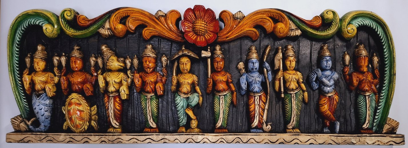 36 Inch Multicolor Wooden Dashavatara Wall Panel Featuring Lord Vishnu’s 10 Incarnations for Pooja Room or Entrance Decor