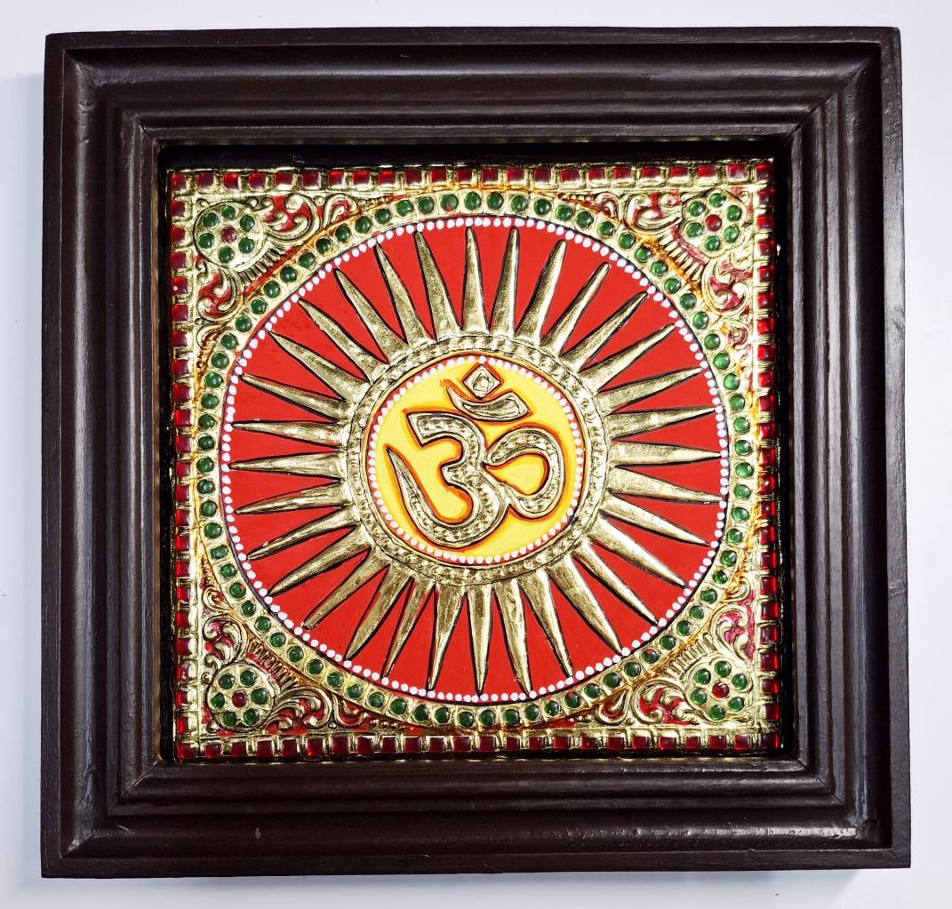 OM Sun Tanjore Painting with 22K gold foil and teakwood frame, 9.75 inches square, handmade Indian gift art.
