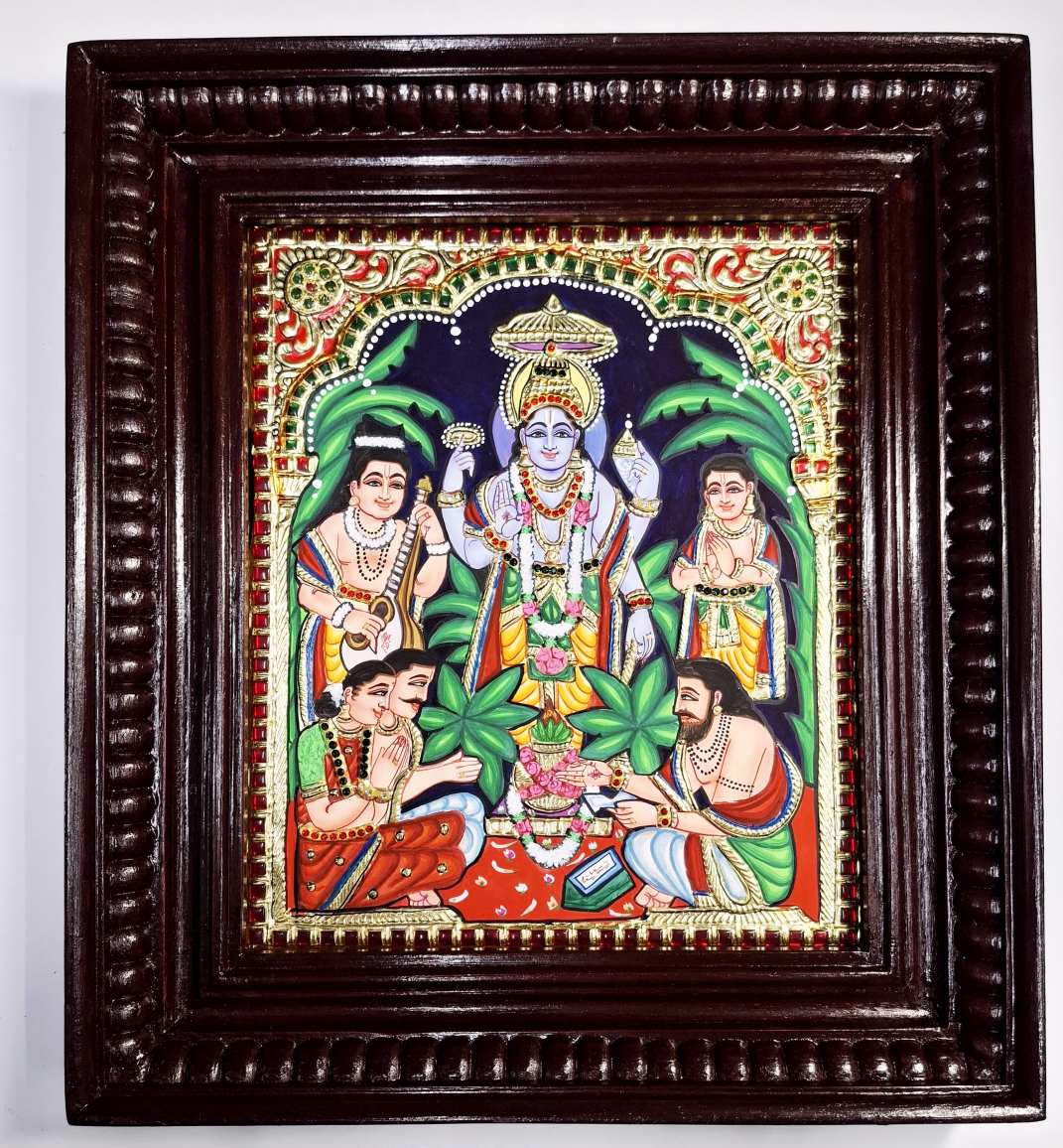Satyanarayana Tanjore Painting with 22K gold foil and teakwood frame, 15x13 inches, handmade Indian devotional artwork.