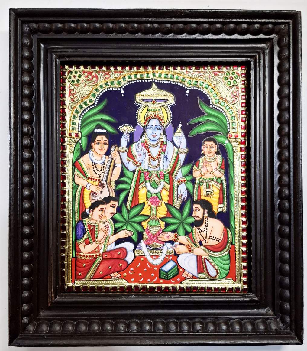 Handmade Satyanarayana Swamy Tanjore Painting 15x13 inch with 22K gold foil and teakwood frame