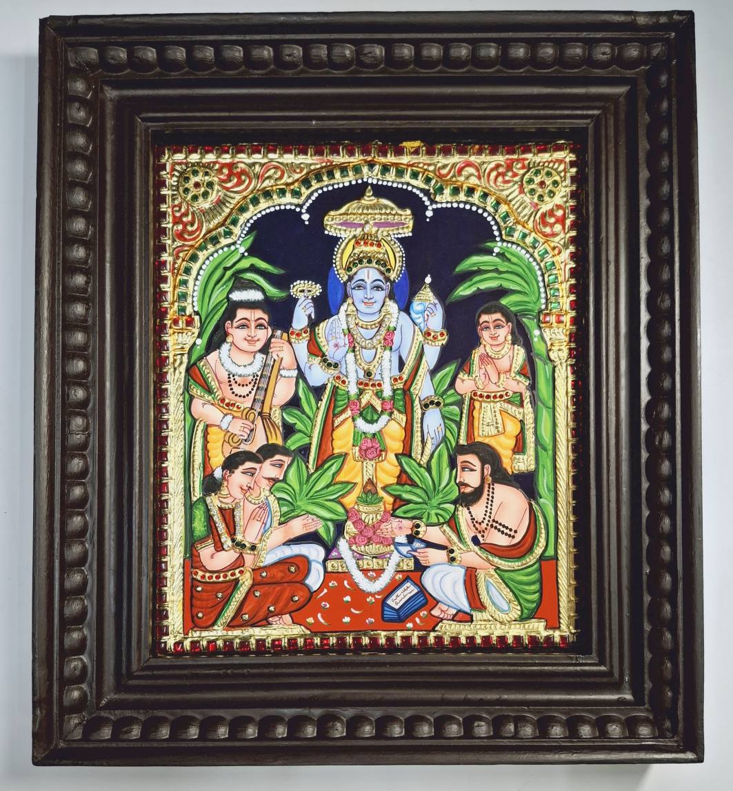Satyanarayana Swamy Tanjore Painting with 22K gold foil and teakwood frame – 15x13 inch handcrafted Indian religious artwork for gifting or pooja décor.