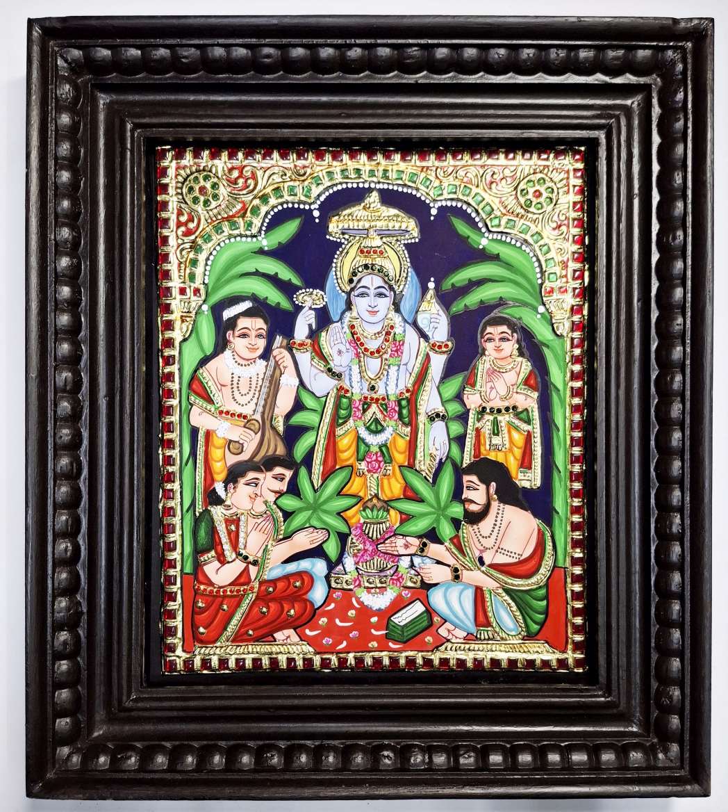 Handmade Satyanarayana Swamy Tanjore Painting 15x13 inch with 22K gold foil and teakwood frame