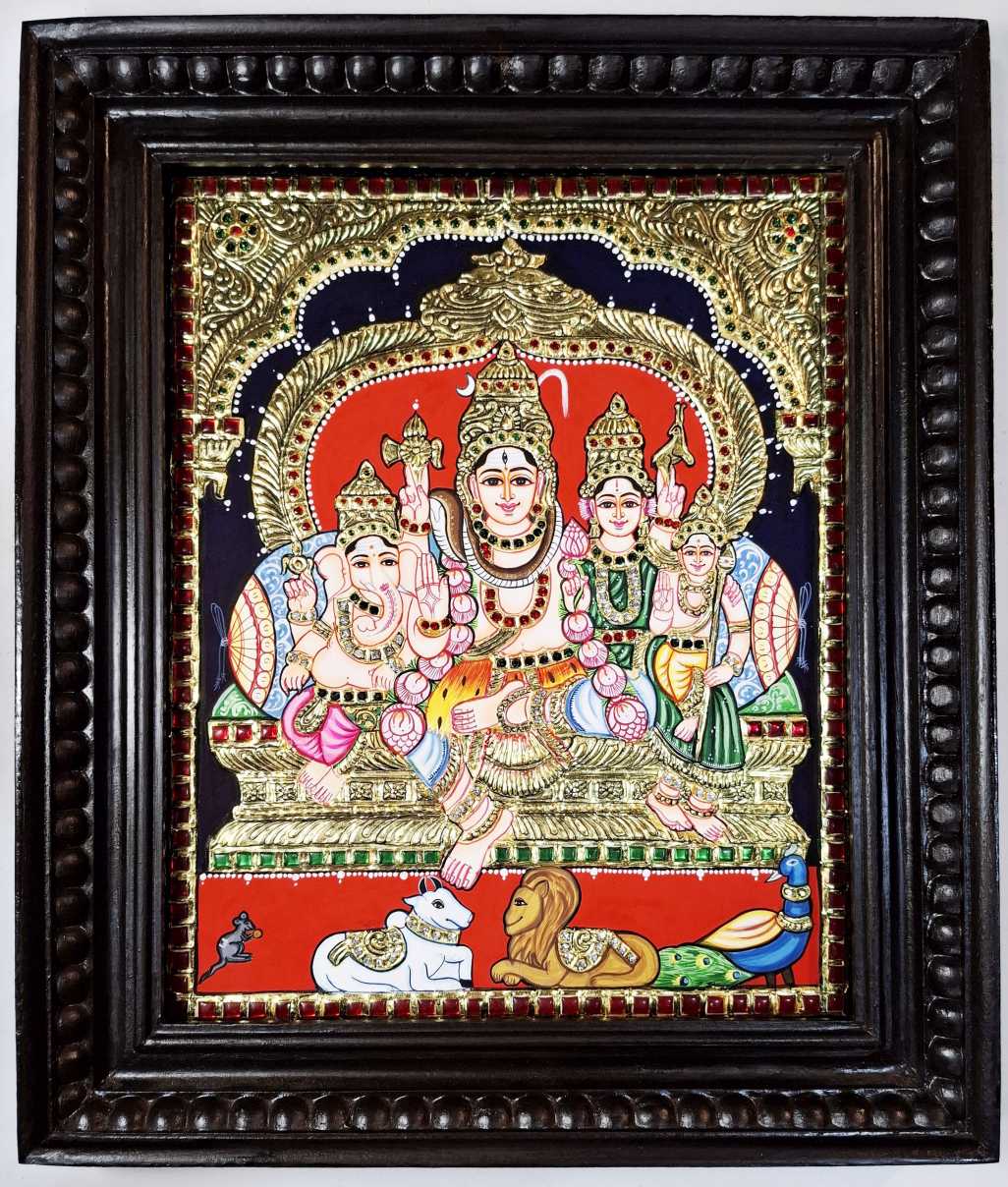 Shiva Parivar Tanjore painting with 22K gold foil teakwood frame handmade art