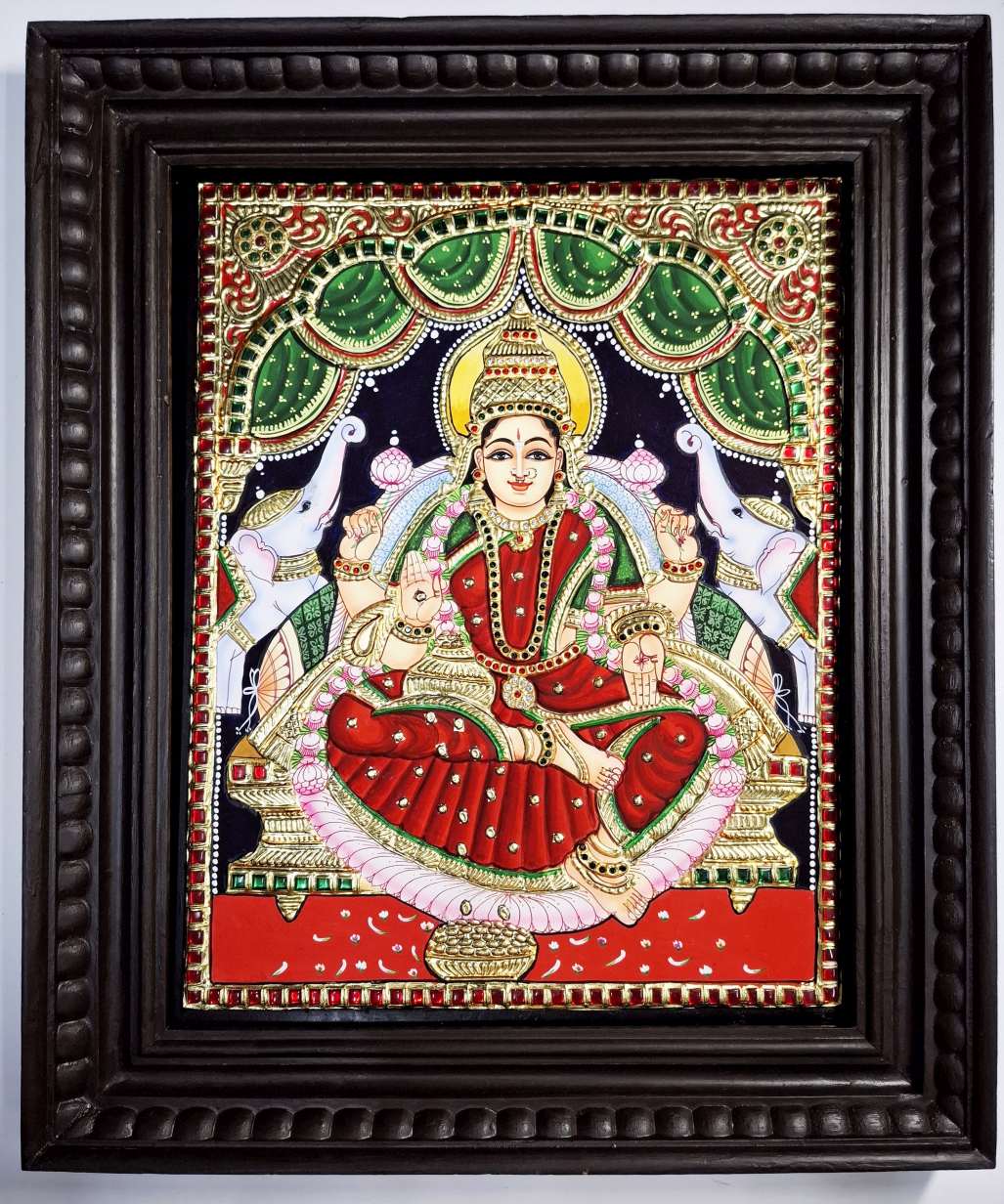 Gajalakshmi Tanjore painting with 22K gold foil and Jaipur stone in teakwood frame, 18×15 inches, traditional South Indian religious artwork.