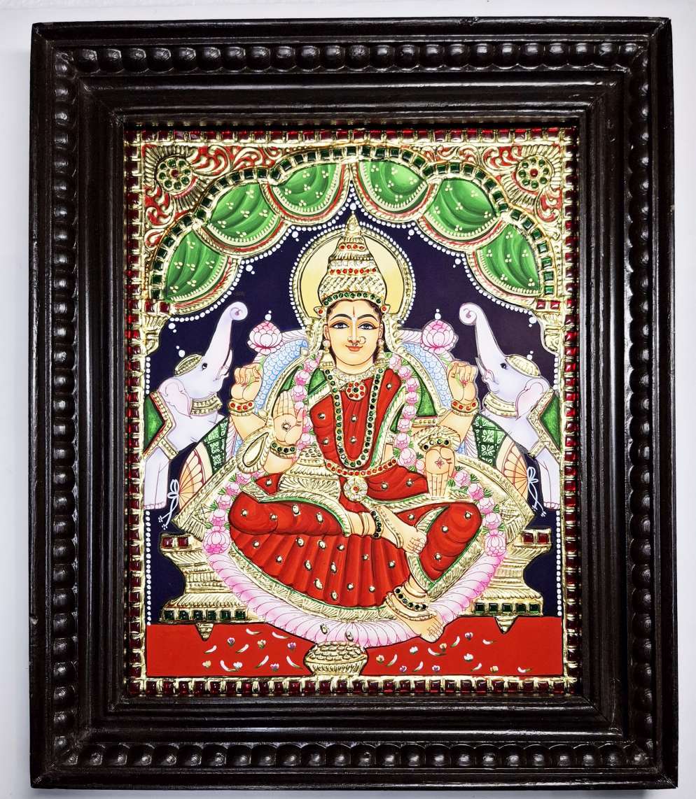 Hand-painted Gajalakshmi Tanjore Painting with 22C gold foil in teakwood frame, 18x15 inches.