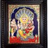 Handpainted Lakshmi Narasimha Tanjore Painting with 22K gold foil, Jaipur rhinestones and teakwood frame. Lord Narasimha with Goddess Lakshmi and Prahlada. 18x15 inches. Perfect for puja room or Diwali gift. Ships free from India.