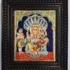 Tanjore painting of Lakshmi Narshima by JLine Arts, adorned with gold foil and vibrant stones in a brown frame