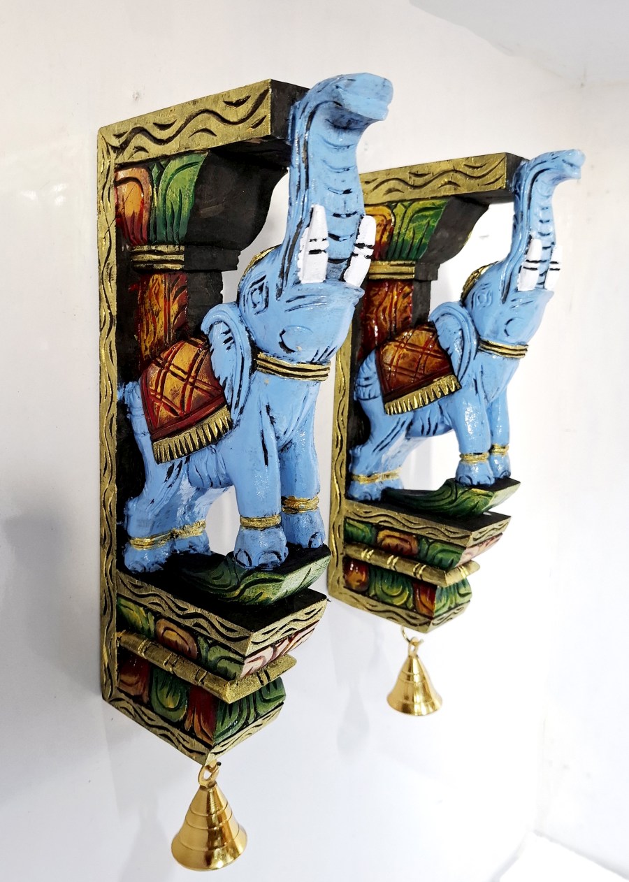 Hand-carved multicolor wooden elephant wall bracket pair 12 inch South Indian temple style corbels home and pooja room décor