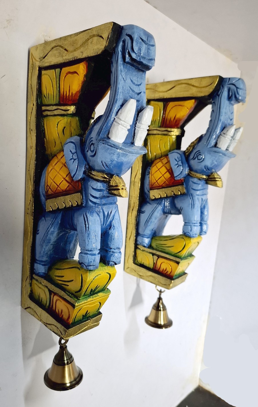 12-inch handmade multicolor elephant wall corbel pair with brass bells – traditional Indian wooden decor