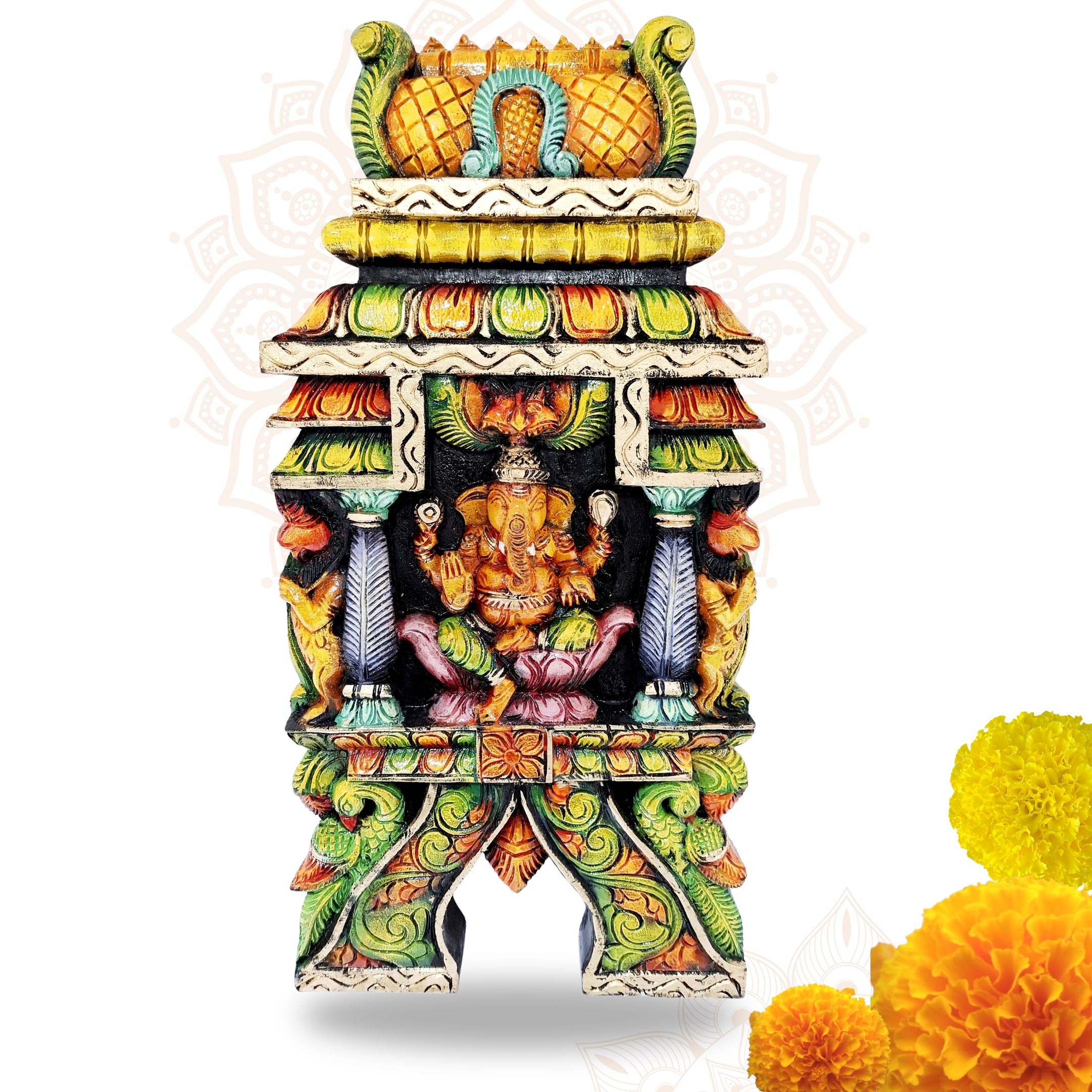 Hand-carved 24 inch wooden Ganesha kavadi wall panel multicolor temple décor