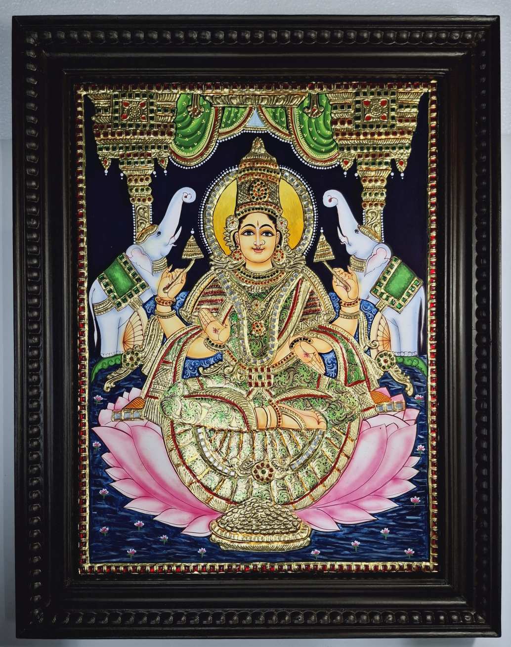 Gajalakshmi Tanjore Painting 27x21 inches – Hindu Goddess Lakshmi seated with elephants, framed artwork with 22K gold foil, traditional Indian décor.