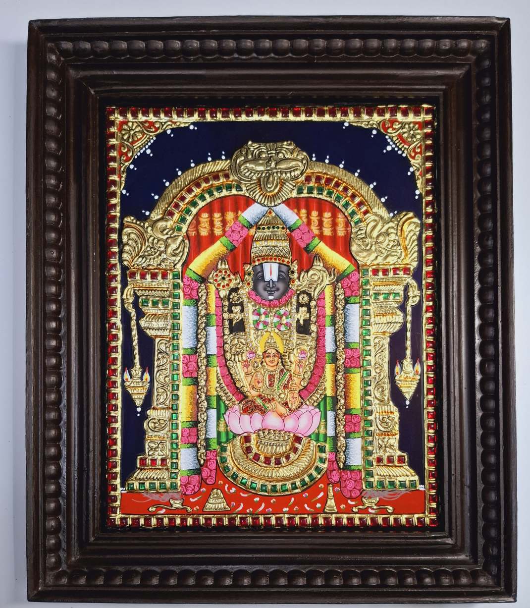Balaji Lakshmi Tanjore Painting 18x15 inches framed – Traditional South Indian artwork with 22K gold foil, depicting Lord Venkateswara and Goddess Lakshmi in vibrant colors and teakwood frame.