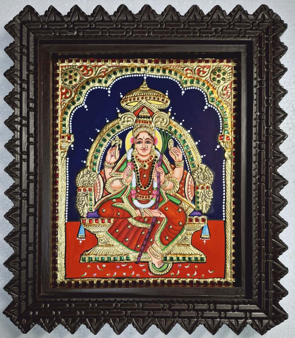JLine Arts' authentic Rajeshwari Lalitha Tanjore painting, 15x13 inches, showcasing traditional craftsmanship with 22K gold foil, genuine Jaipur gem stones, and a solid teakwood frame with protective acrylic glass. Handmade Indian spiritual artwork.