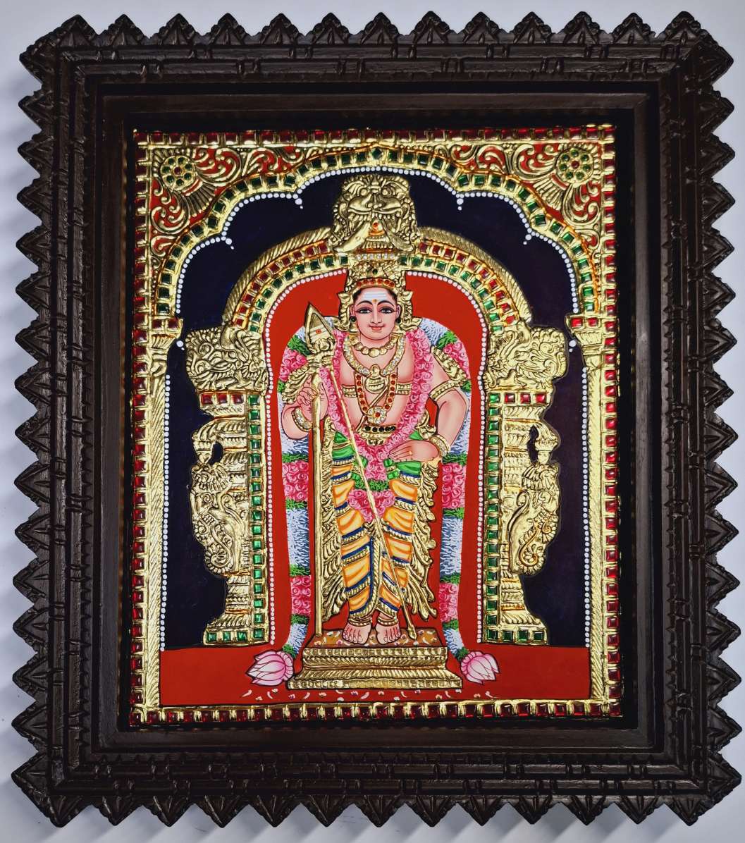 Murugan Tanjore Painting with 22K gold foil showing Lord Subramanya seated in traditional pose, framed in polished teakwood, 18x15 inches – ideal for pooja room or gifting, handmade Indian devotional artwork.