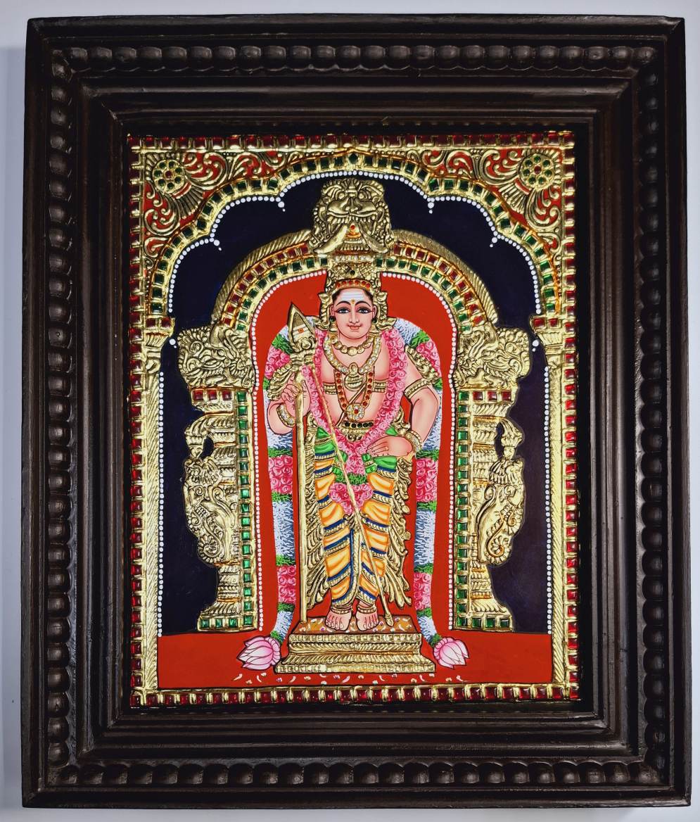 Murugan Tanjore Painting with 22K gold foil showing Lord Subramanya seated in traditional pose, framed in polished teakwood, 18x15 inches – ideal for pooja room or gifting, handmade Indian devotional artwork.