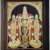 Handmade Tanjore Painting of Lord Venkateswara with Sridevi and Bhudevi, 27x21 inches, adorned with 22K gold foil and gemstone detailing, framed in teakwood – traditional South Indian Hindu artwork for pooja room or temple décor.