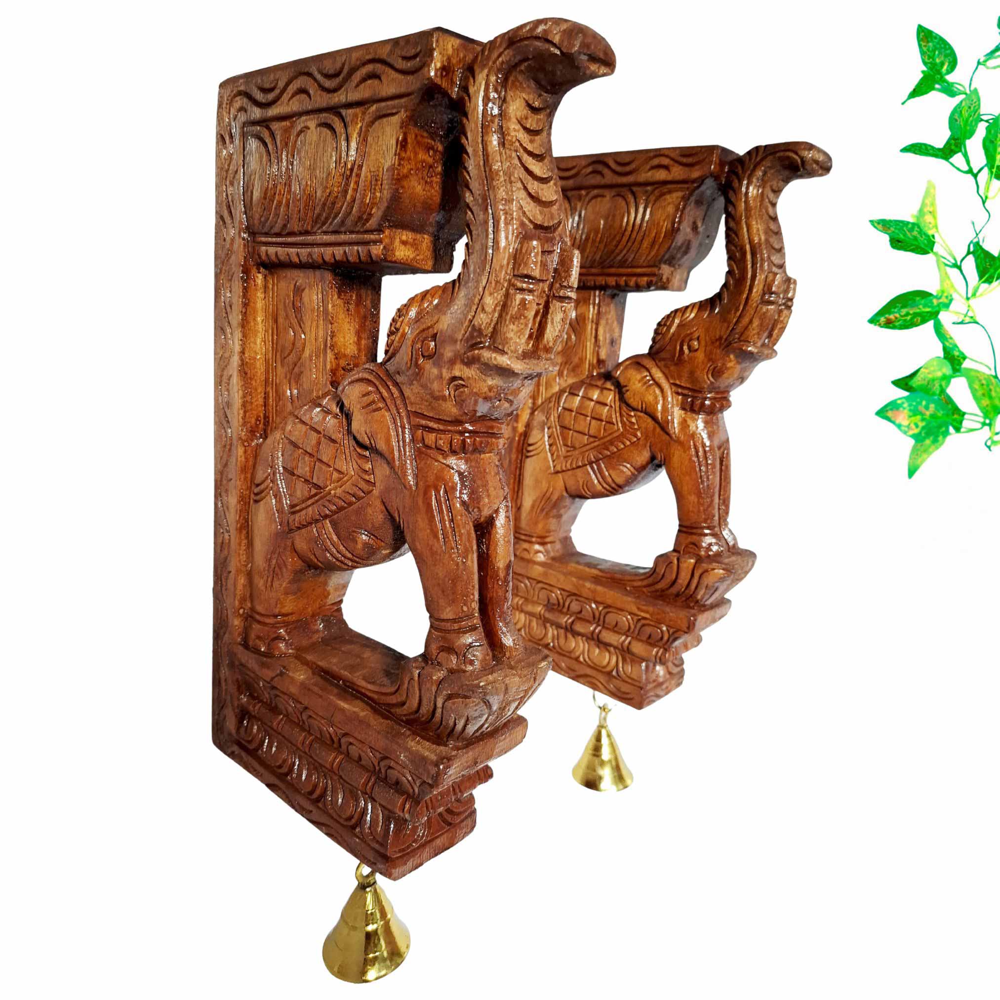 Hand carved wooden elephant wall brackets set of 2 with brass bells temple decor
