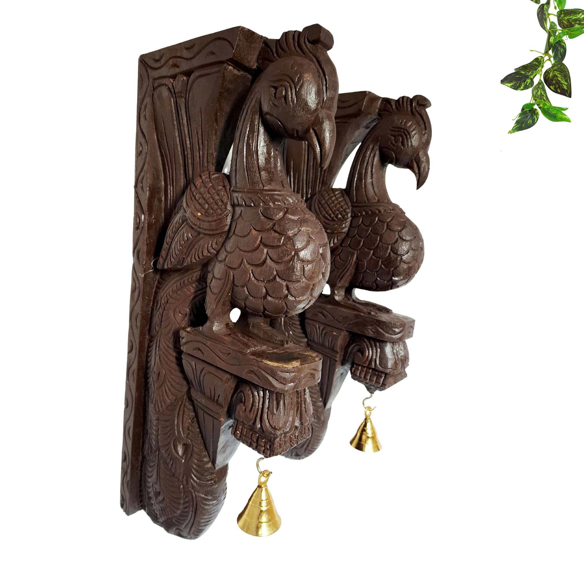 Hand-carved peacock wall brackets set of 2 with brass bells solid wood temple decor