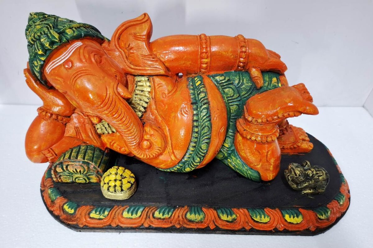 "Wooden Reclining Ganesha Statue 21 Inch Handmade Solid Wood Ganesh Idol Multicolor Finish for Home Temple Décor