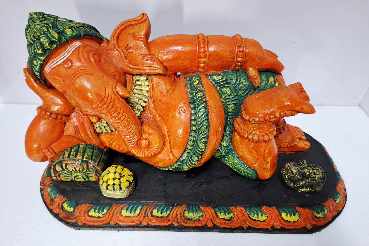 "Wooden Reclining Ganesha Statue 21 Inch Handmade Solid Wood Ganesh Idol Multicolor Finish for Home Temple Décor