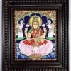 Lakshmi Tanjore painting with 22K gold foil in teakwood frame, 15x13 inches, handmade Indian art for pooja room or spiritual gift.