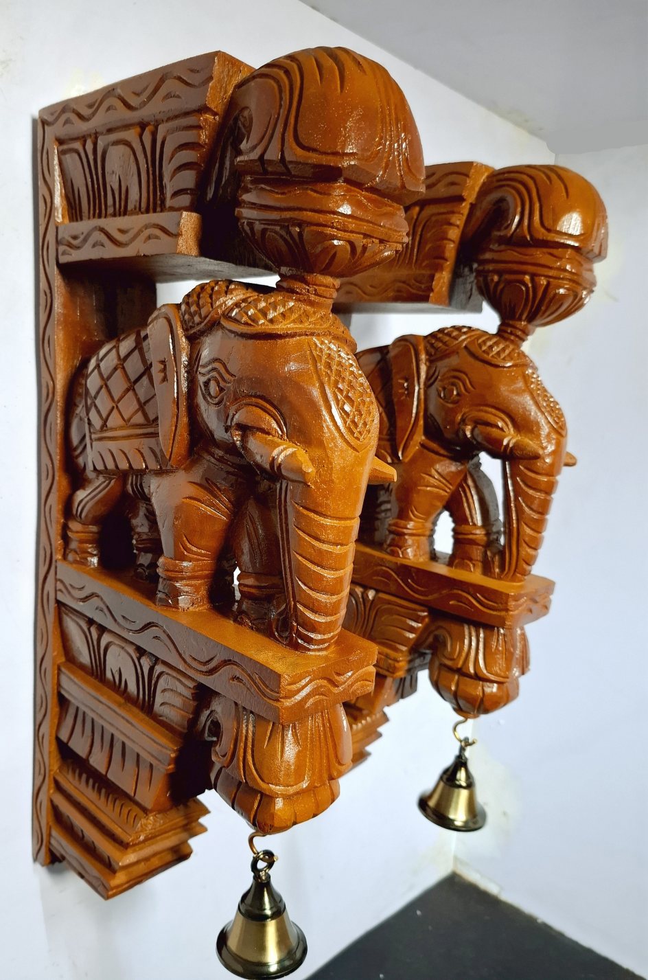 18-inch wooden elephant wall corbel pair in brown finish with brass bells – handcrafted Indian home decor