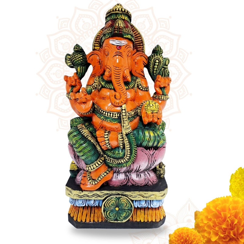 Hand-carved 24-inch multicolor wooden Ganesha statue, solid wood Hindu deity decor for home and pooja room