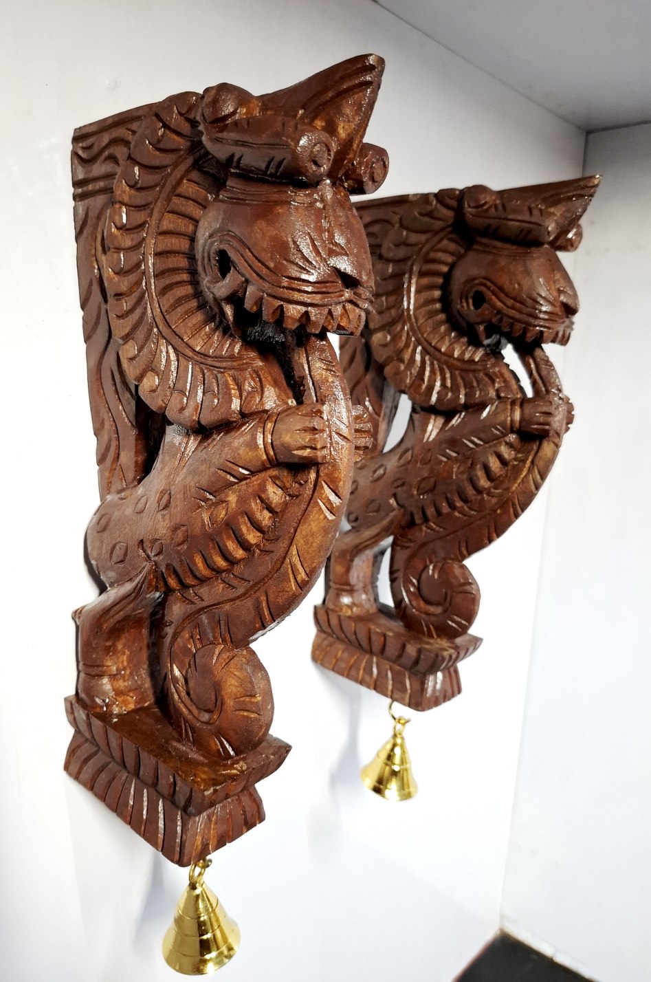 Handmade Wooden Yali Wall Bracket Pair 12 Inch Antique Brown Finish with Brass Bells