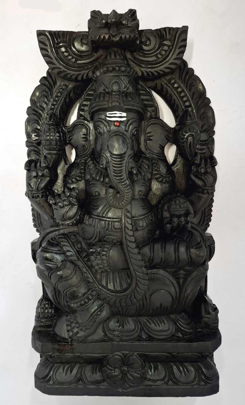 The Wooden Ganesha Statue 18 Inch Ganesh Sculpture boasts an intricately carved elephant-headed deity with multiple arms, adorned with traditional ornaments against a plain background, perfect for home decor or as a temple figurine.