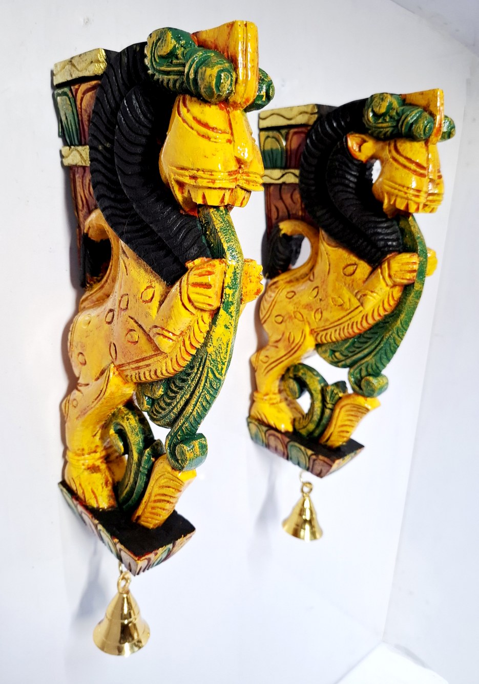 Wooden Yali Wall Corbel Pair 12 Inch Hand Carved Yazhi Brackets with Brass Bells Solid Wood for Temple Entrance and Pooja Room Décor