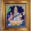 Saraswathi Tanjore Painting with Frame 15x13 Inch 22 Karat Gold Foils Quality Teakwood Framed Pooja Room Decor Ready for Shipping