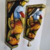 Beautifully hand-painted wooden bird wall brackets (2 pc set) from JLine Arts, showcasing a lively multicolor finish and genuine brass bells. Perfect for adding vibrant charm to entrance or wall decor, ready to ship