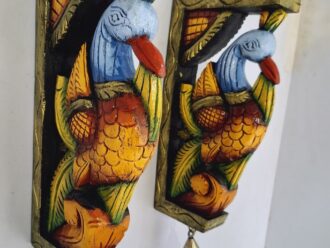 Beautifully hand-painted wooden bird wall brackets (2 pc set) from JLine Arts, showcasing a lively multicolor finish and genuine brass bells. Perfect for adding vibrant charm to entrance or wall decor, ready to ship