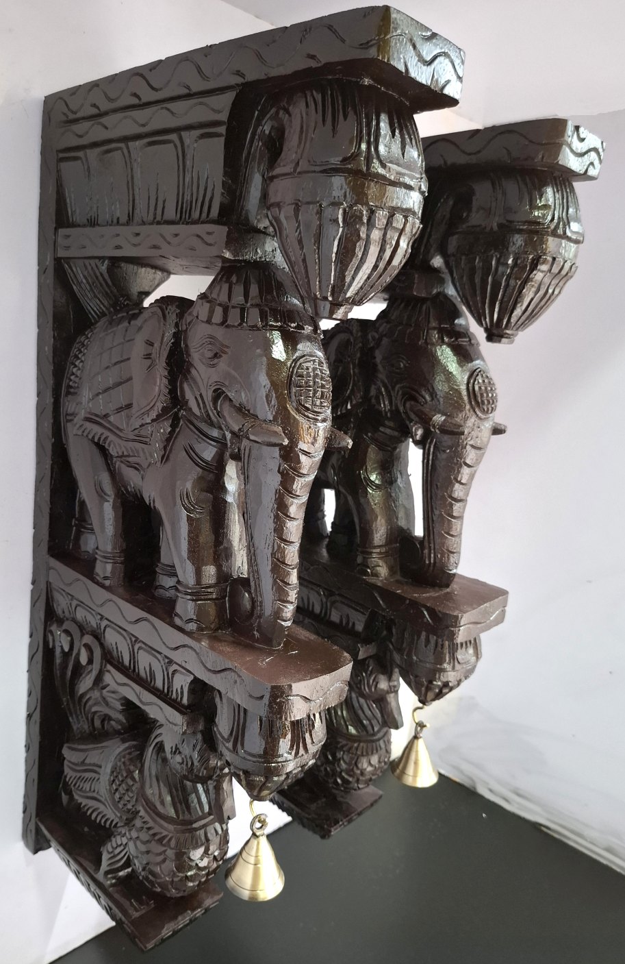 Wooden Elephant with Peacock Wall Bracket Pair