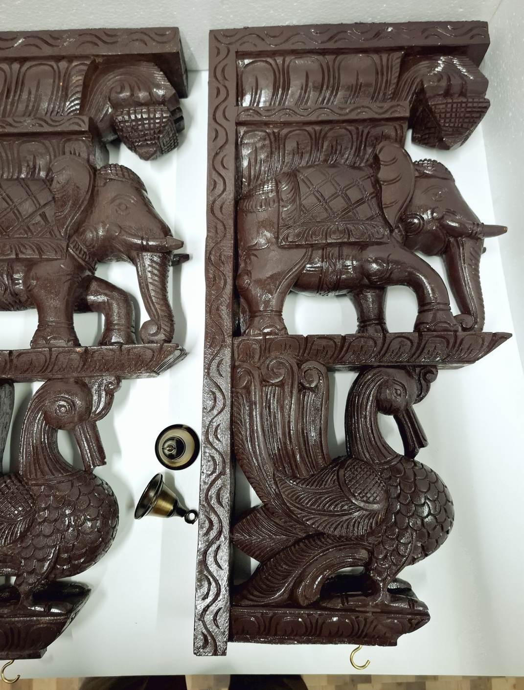 Wooden Elephant with Peacock Wall Bracket Pair